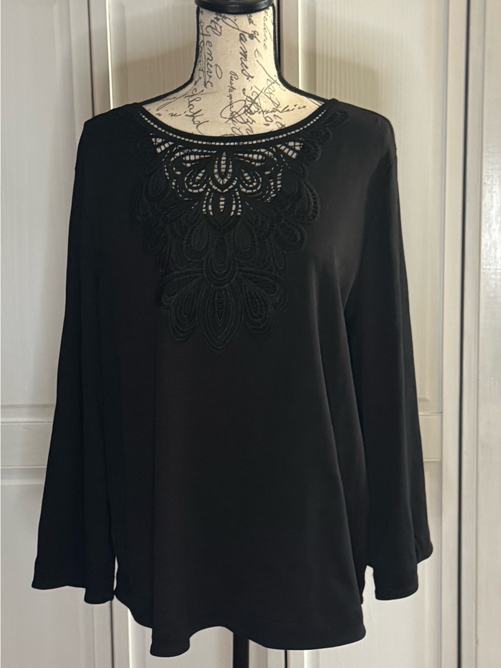 Chico's Black Long-Sleeve Tunic with Crochet Yoke